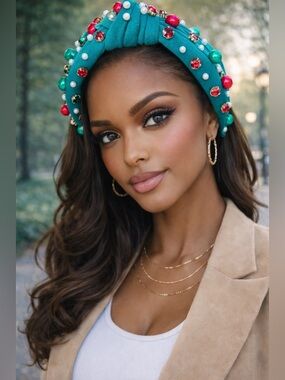 Upcycled handmade Embellished Turquoise Knotted Headband with Pearls and Gems